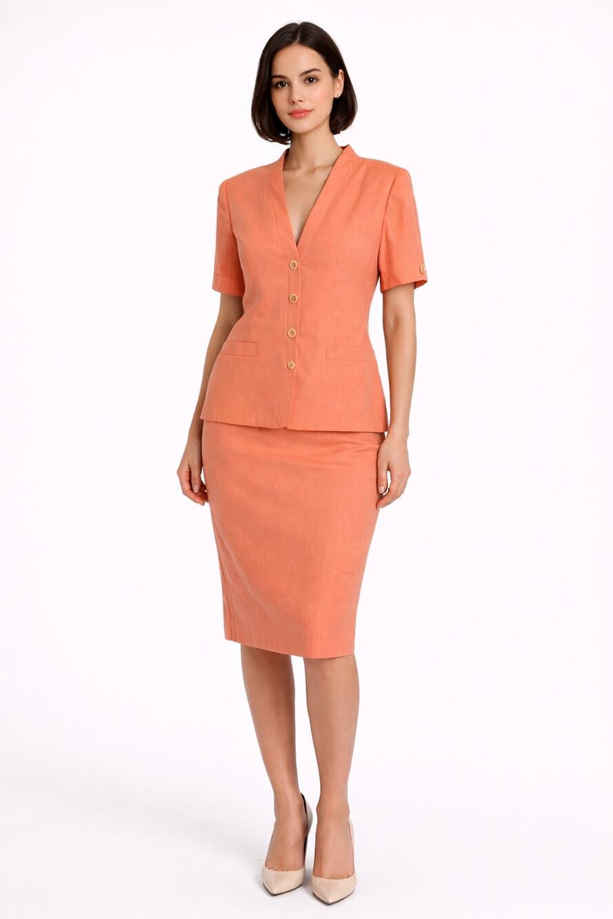 1980s Oleg Cassini peach two piece skirt suit size 10